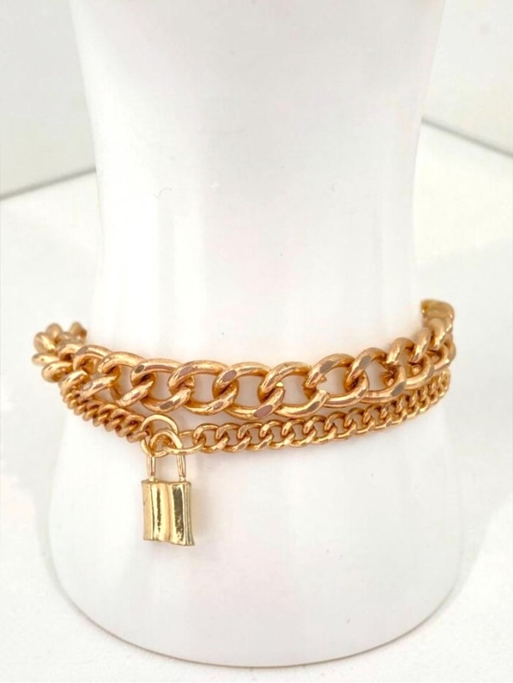 Gold-Tone Y2K Style Double Chain Bracelet With Padlock Charm Adjustable Fit Mini